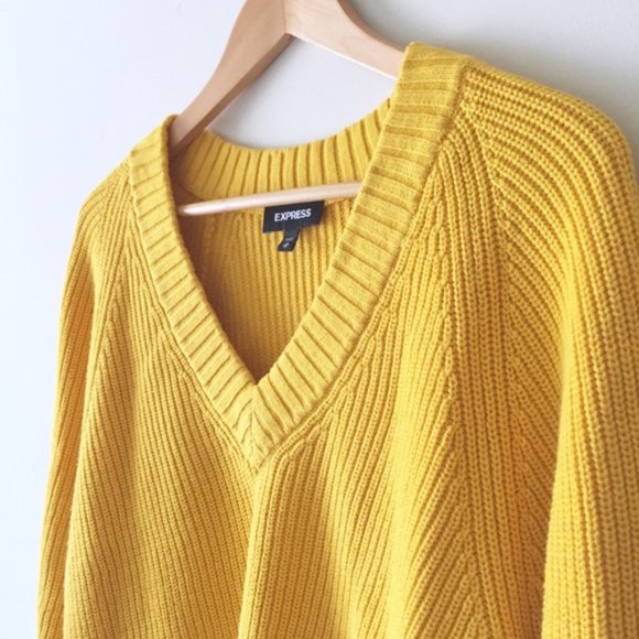 Express Goldenrod Yellow Oversized V Neck High Low Cotton Blend Sweater … - Picture 2 of 9
